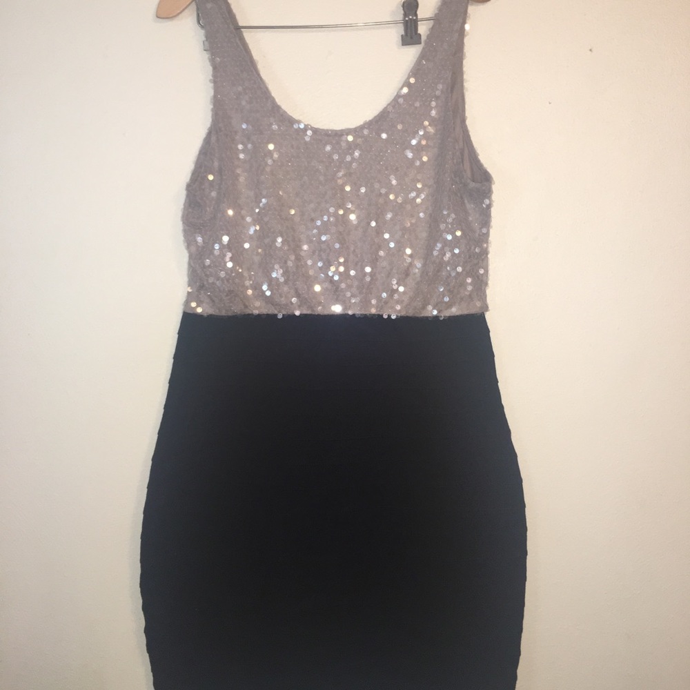 Express Two-Tone Sequin Bodice Midi Dress in Silver and Black